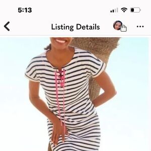 Talbots White/Black Cotton Terry Stripe, Pink Lace-up Dress Size SP